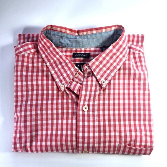 Chaps Easy Care Shirt Men's Large Gingham Plaid Short Sleeve Button Up Red White - Picture 4 of 10